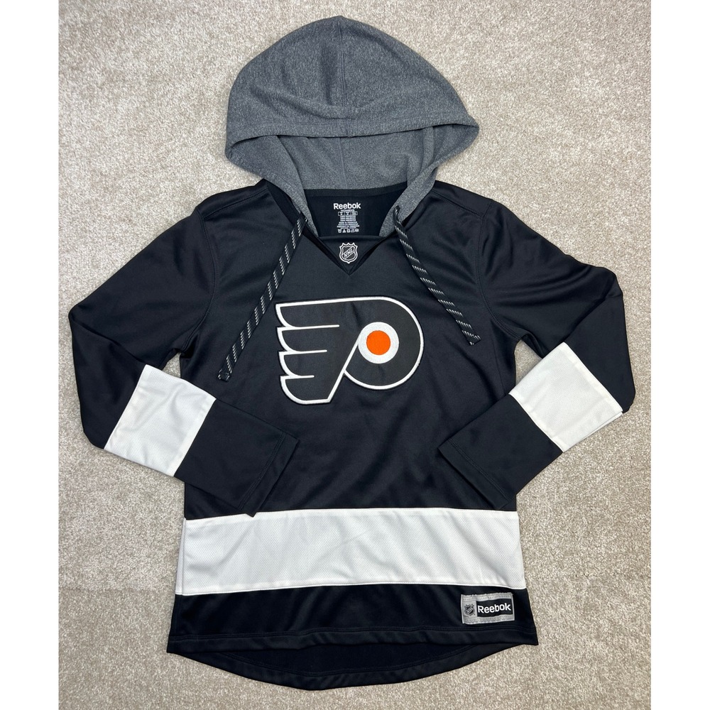 Reebok Womens Philadelphia Flyers NHL Hockey Jersey Hoodie Black Orange M EUC‎